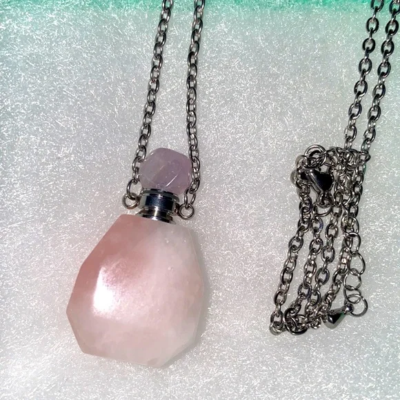 COPY - Natural Rose Quartz Perfume Bottle Sterling Silver Necklace 16” - Picture 1 of 8